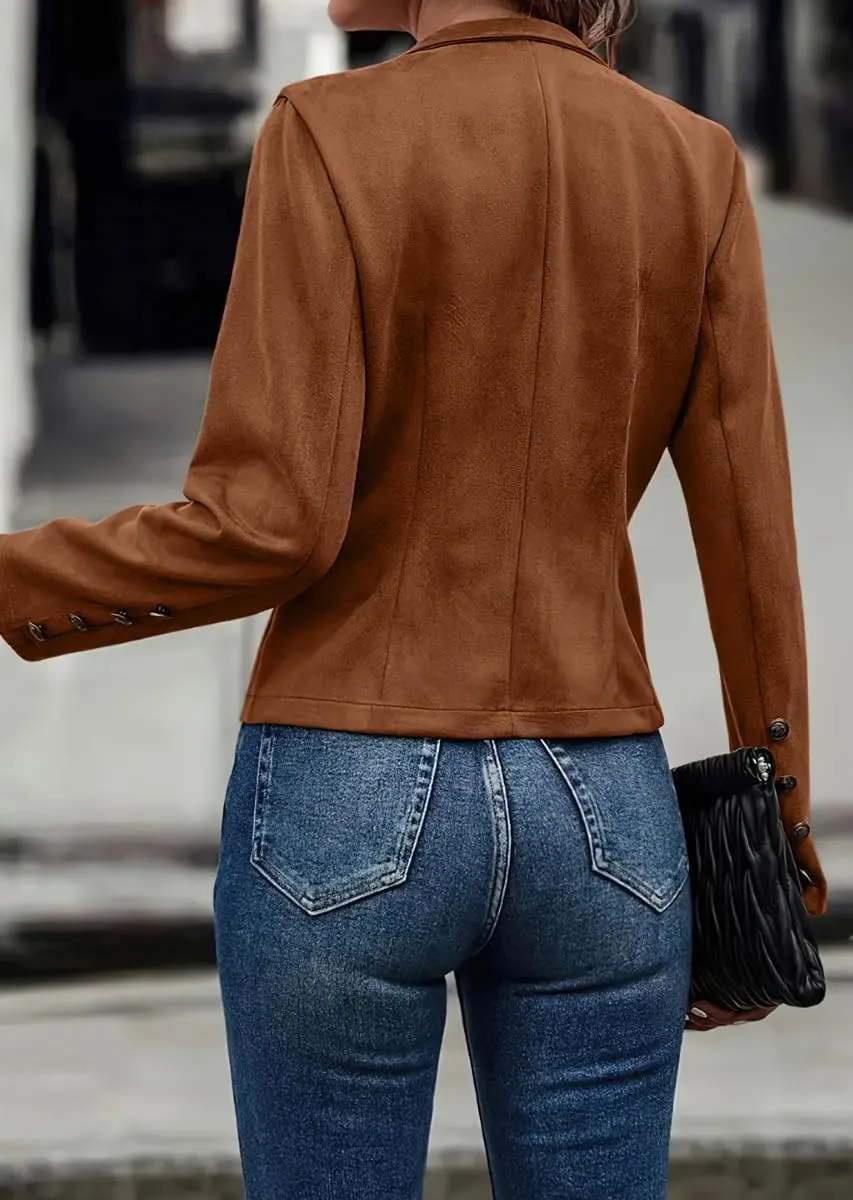 chouyatou Women's Faux Suede Leather Jacket 2024 Fall Winter Clothes Casual Business Long Sleeve Blazer Jacket Coat