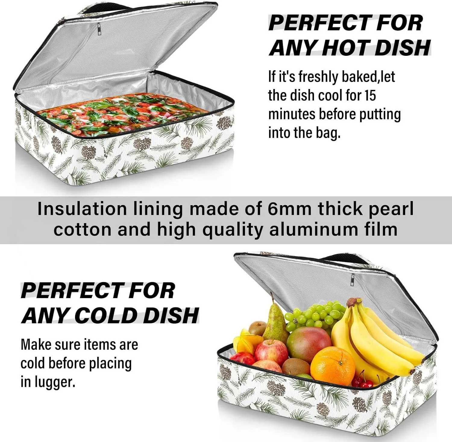 Christmas Tree Green Branches, Pine Cone Fir, Spruce Reusable Insulated Pizza Bag, Waterproof Food Delivery Bag, with Handle Lid Leakproof Pizza Holder Tote for Hot or Cold Food