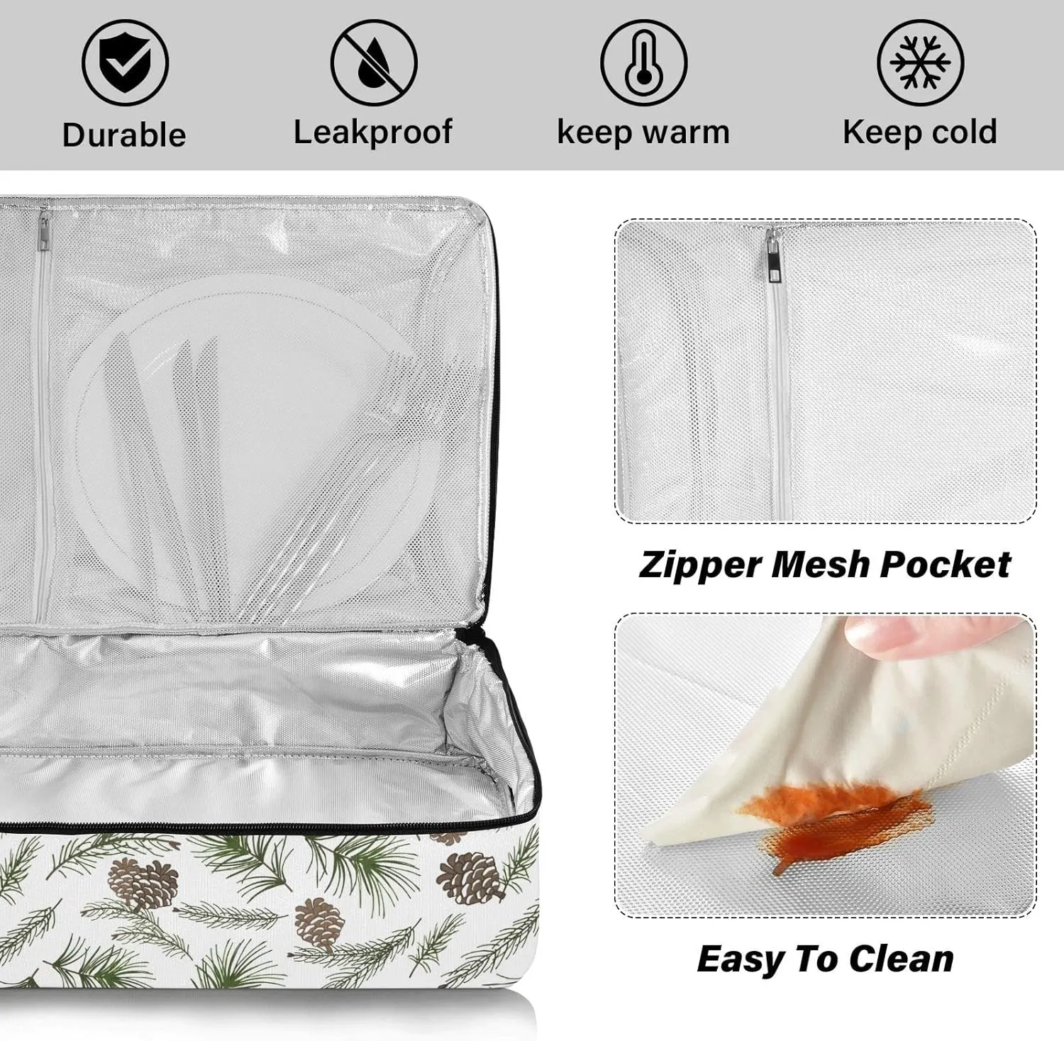 Christmas Tree Green Branches, Pine Cone Fir, Spruce Reusable Insulated Pizza Bag, Waterproof Food Delivery Bag, with Handle Lid Leakproof Pizza Holder Tote for Hot or Cold Food