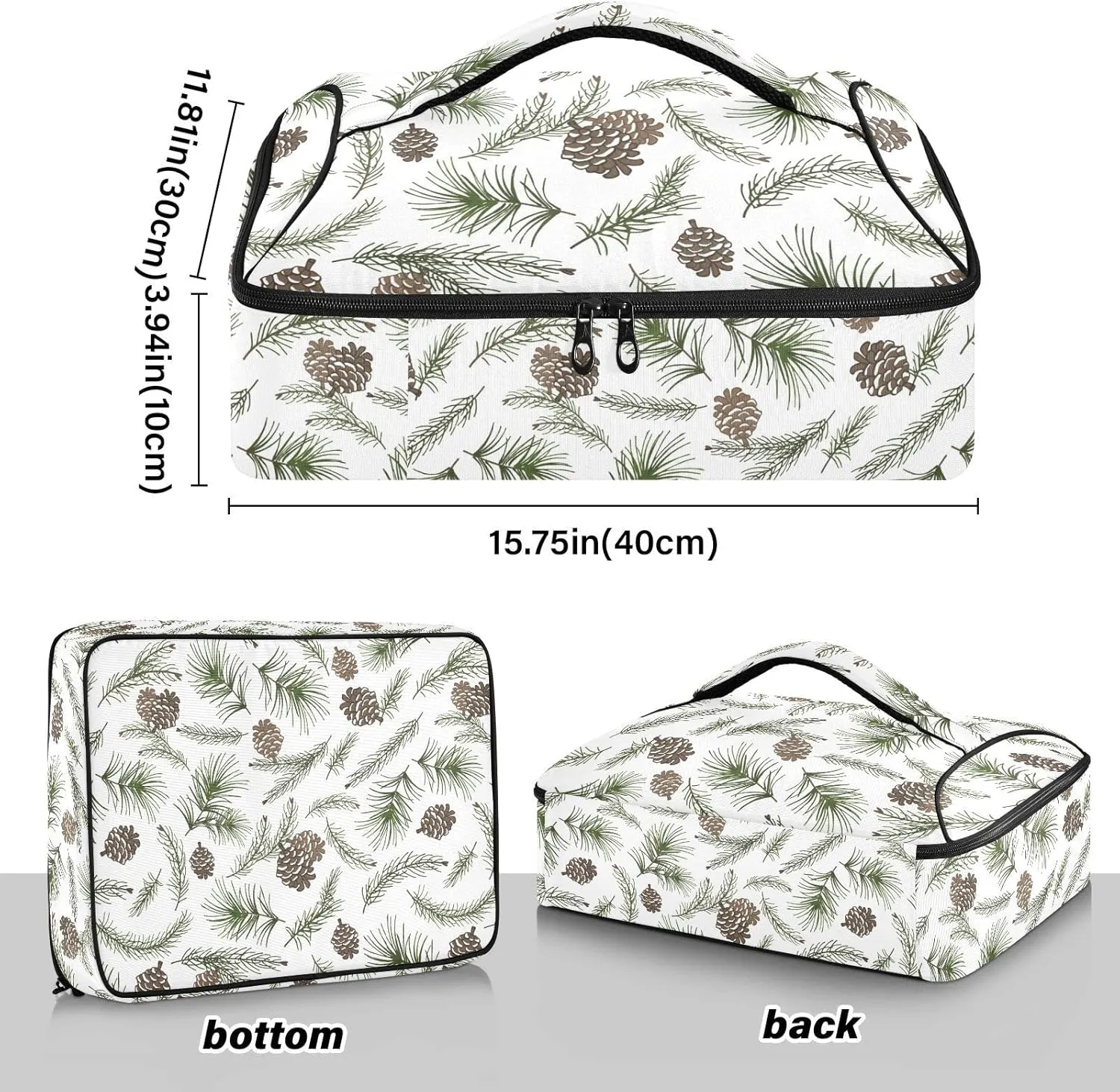 Christmas Tree Green Branches, Pine Cone Fir, Spruce Reusable Insulated Pizza Bag, Waterproof Food Delivery Bag, with Handle Lid Leakproof Pizza Holder Tote for Hot or Cold Food