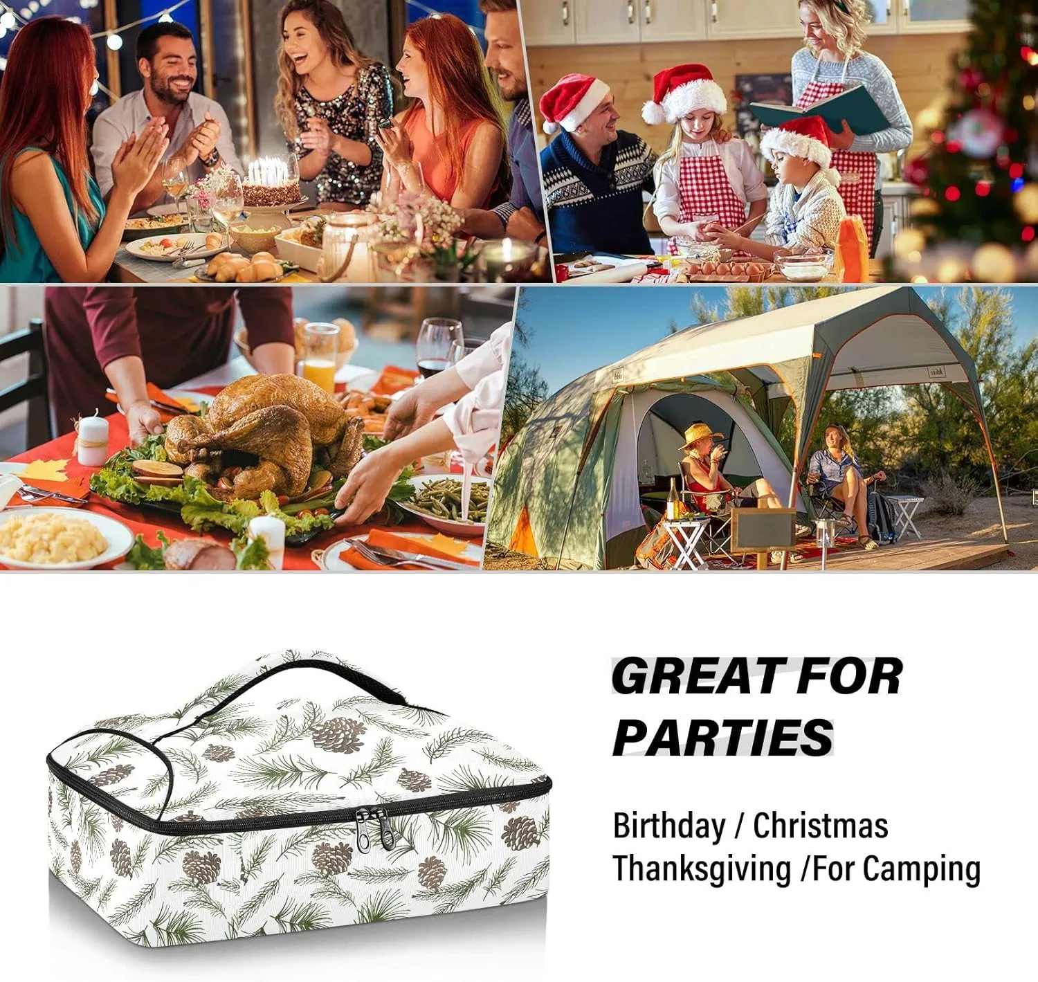 Christmas Tree Green Branches, Pine Cone Fir, Spruce Reusable Insulated Pizza Bag, Waterproof Food Delivery Bag, with Handle Lid Leakproof Pizza Holder Tote for Hot or Cold Food