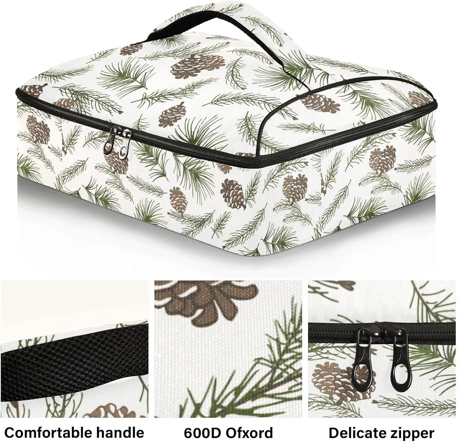 Christmas Tree Green Branches, Pine Cone Fir, Spruce Reusable Insulated Pizza Bag, Waterproof Food Delivery Bag, with Handle Lid Leakproof Pizza Holder Tote for Hot or Cold Food