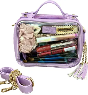 Clear Convertible Makeup Bag, Cosmetic Case, Toiletry Bag, Crossbody Bag with Leather and Chain Strap (Lavender the Romantic)