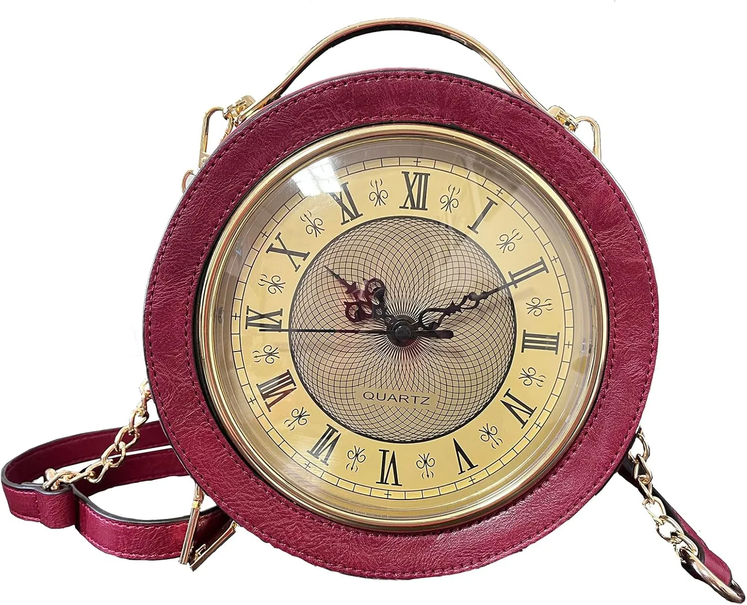 Clock Bag Real Working,Vintage Crossbody Messenger Bag, SteamPunk Style Shape Leather Bag Circular Handbag Chain Shoulder