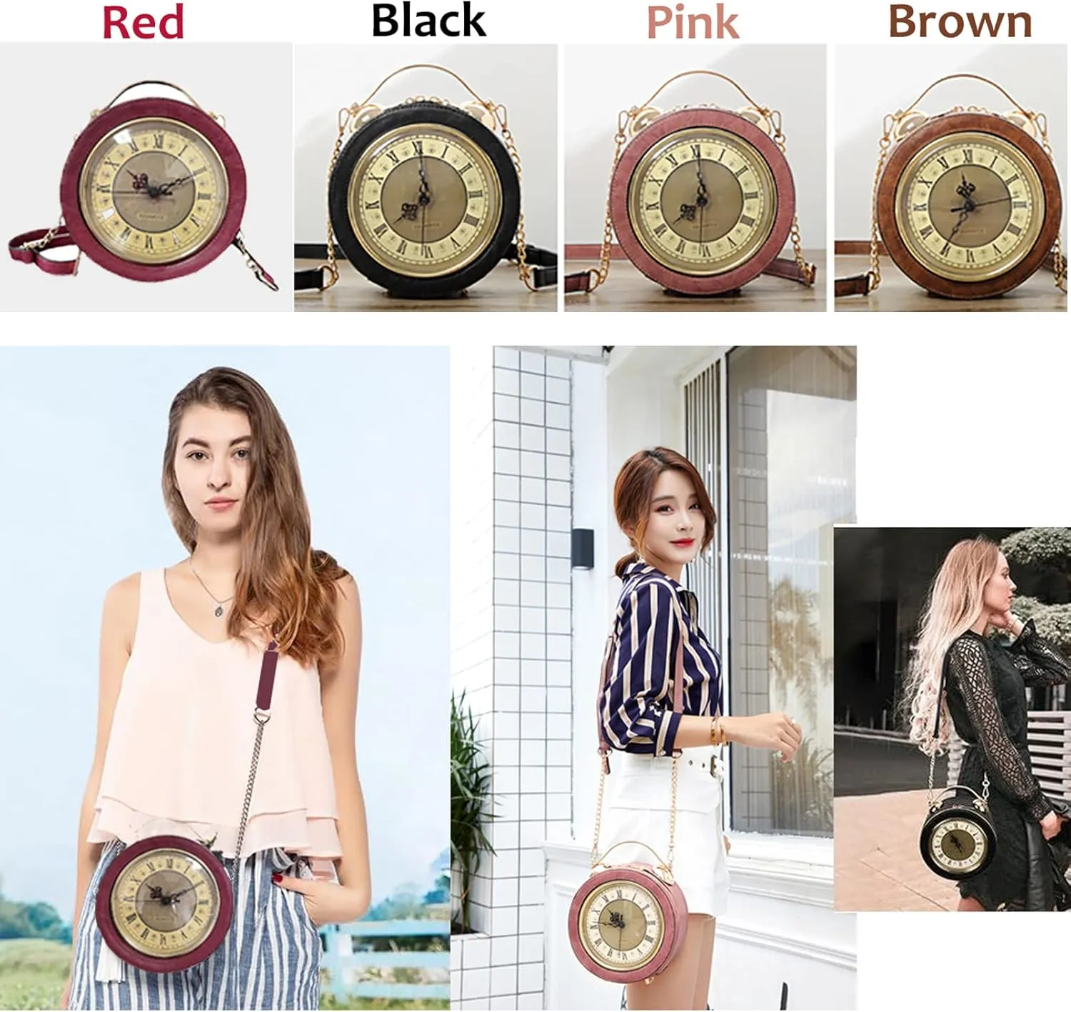 Clock Bag Real Working,Vintage Crossbody Messenger Bag, SteamPunk Style Shape Leather Bag Circular Handbag Chain Shoulder
