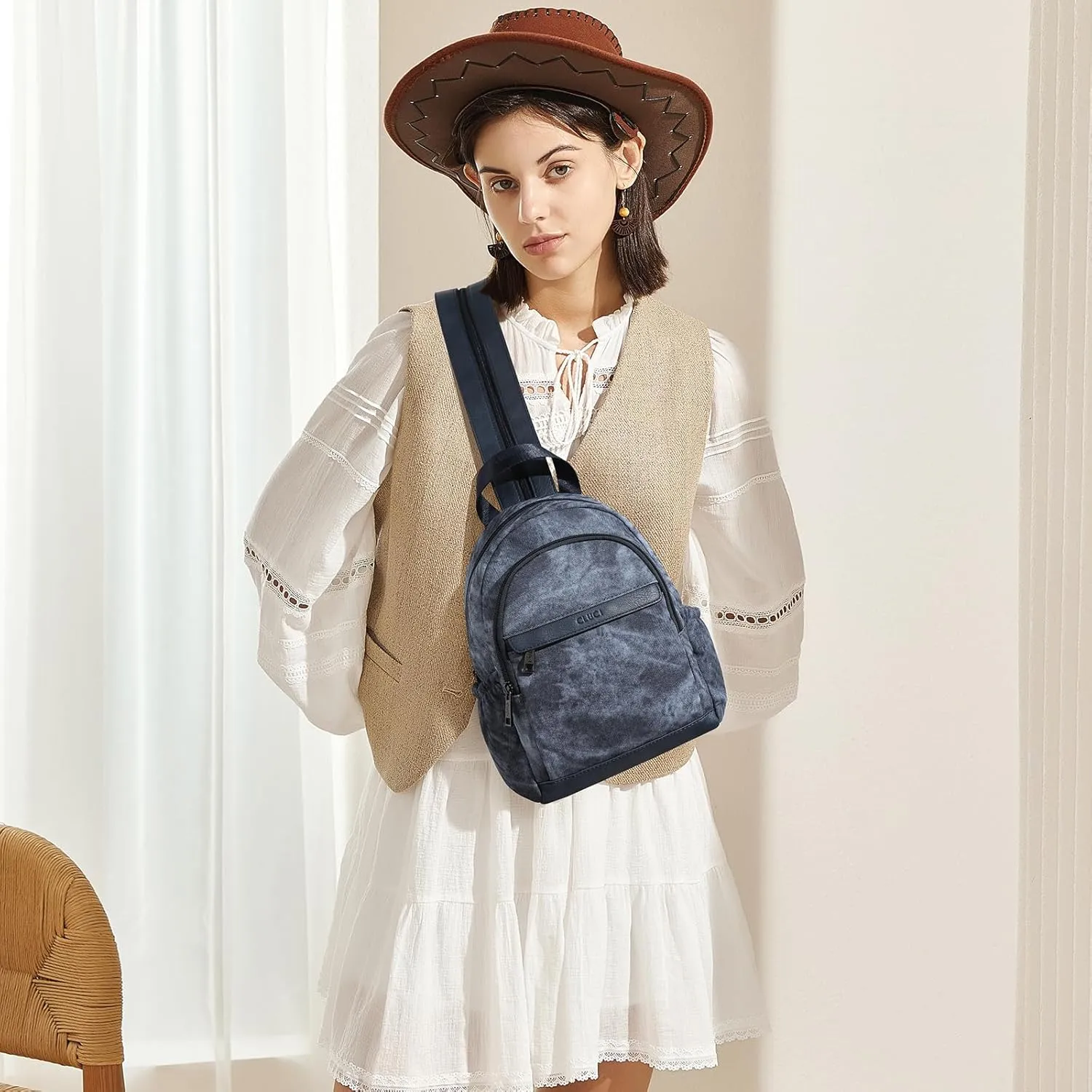 CLUCI Leather Sling Backpack for Women - Small Convertible Crossbody Bag for Travel