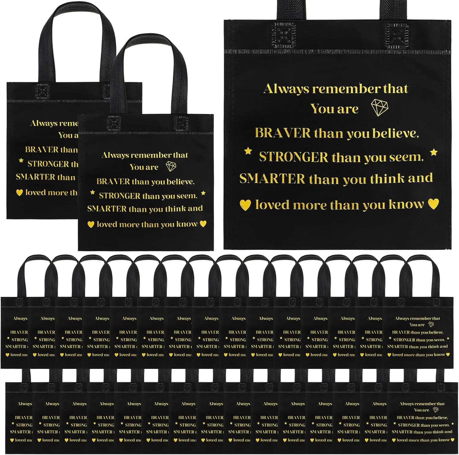 Clysee 50 Pcs Employee Appreciation Gift Bags Bulk Thank You Team Small Gift Bag with Handle Black Gold Inspirational Wedding Party Favor 8 x 8 Inch for Women Coworker Party Nursing Volunteer(Inspire)
