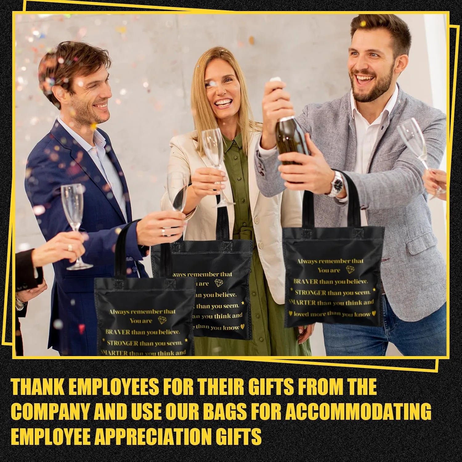 Clysee 50 Pcs Employee Appreciation Gift Bags Bulk Thank You Team Small Gift Bag with Handle Black Gold Inspirational Wedding Party Favor 8 x 8 Inch for Women Coworker Party Nursing Volunteer(Inspire)
