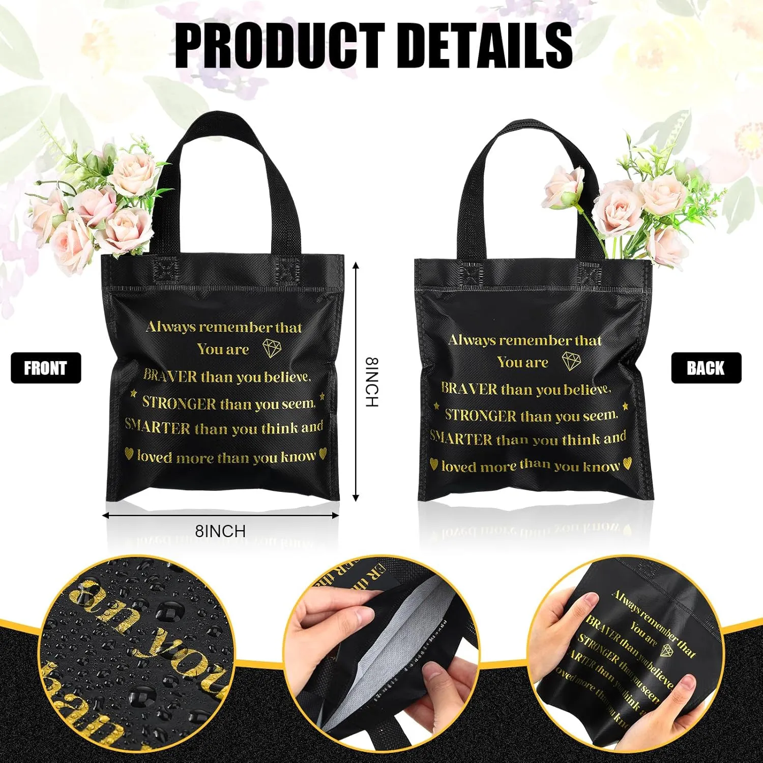 Clysee 50 Pcs Employee Appreciation Gift Bags Bulk Thank You Team Small Gift Bag with Handle Black Gold Inspirational Wedding Party Favor 8 x 8 Inch for Women Coworker Party Nursing Volunteer(Inspire)