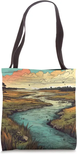Coastal Marsh Vintage Landscape Colorful Graphic Tote Bag