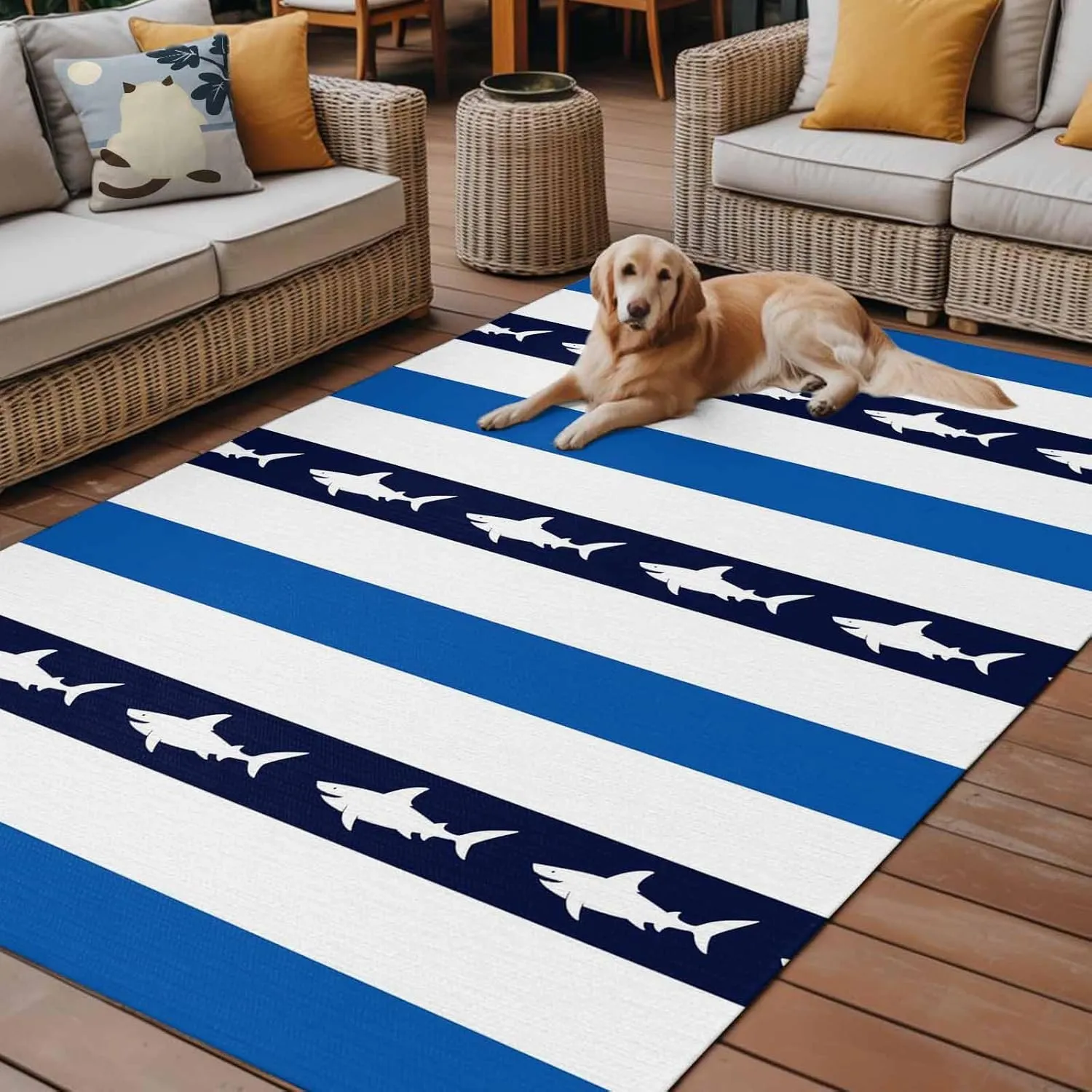 Coastal Shark Outdoor Rug 5x8ft Large Patio Rug,Washable RV Camping Outside Area Runner Rug Mat,Ocean Navy Blue White Stripe Geometric Carpet for Picnic Backyard Deck Porch Balcony Beach & Indoor