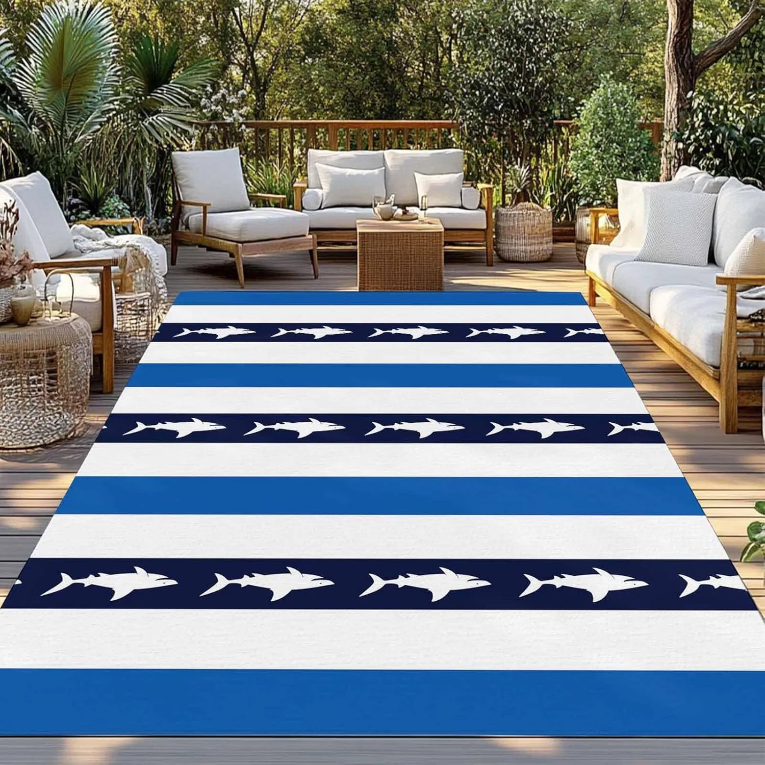 Coastal Shark Outdoor Rug 5x8ft Large Patio Rug,Washable RV Camping Outside Area Runner Rug Mat,Ocean Navy Blue White Stripe Geometric Carpet for Picnic Backyard Deck Porch Balcony Beach & Indoor