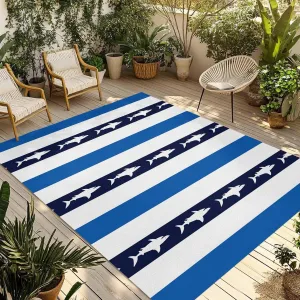 Coastal Shark Outdoor Rug 5x8ft Large Patio Rug,Washable RV Camping Outside Area Runner Rug Mat,Ocean Navy Blue White Stripe Geometric Carpet for Picnic Backyard Deck Porch Balcony Beach & Indoor
