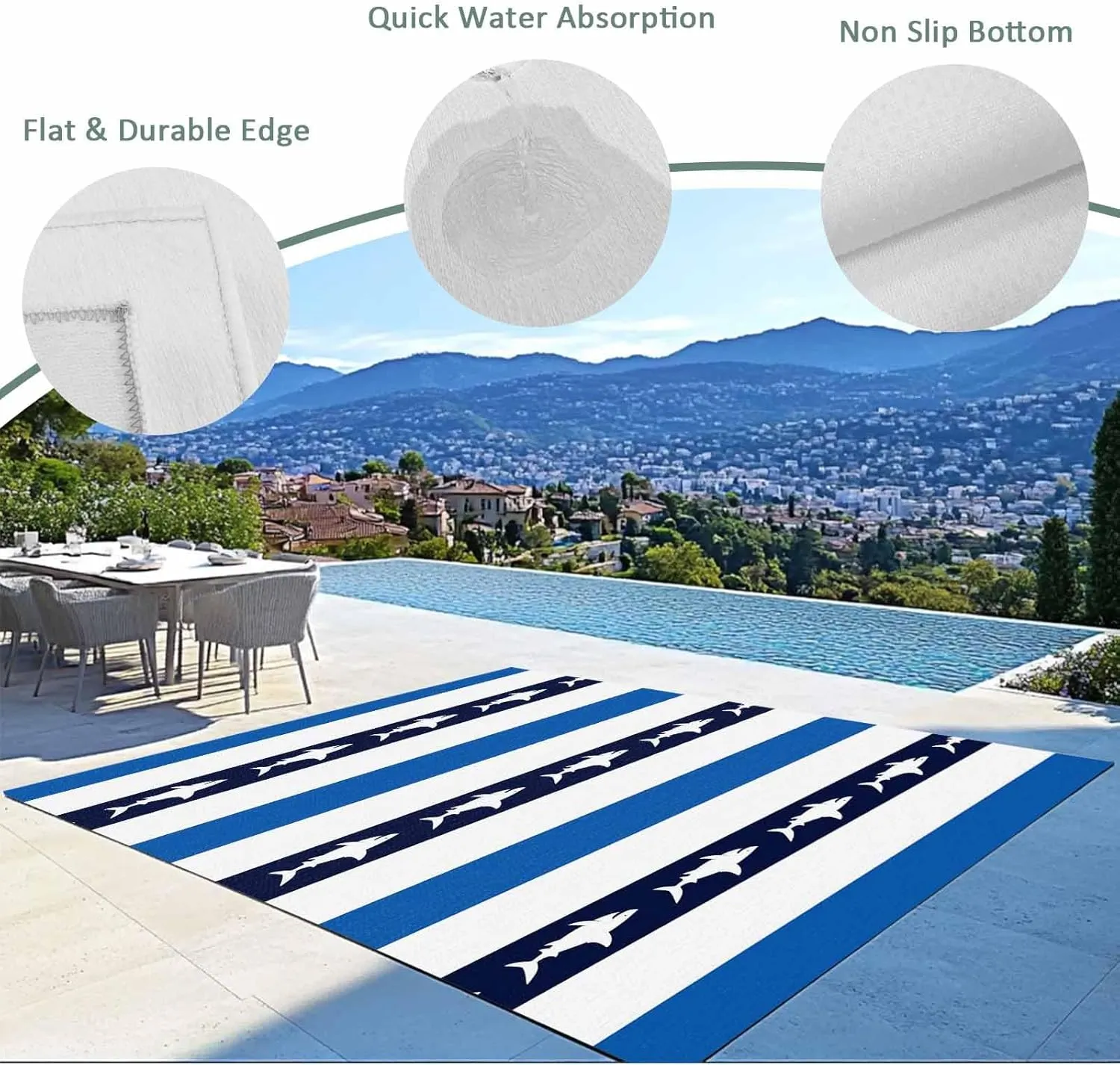 Coastal Shark Outdoor Rug 5x8ft Large Patio Rug,Washable RV Camping Outside Area Runner Rug Mat,Ocean Navy Blue White Stripe Geometric Carpet for Picnic Backyard Deck Porch Balcony Beach & Indoor