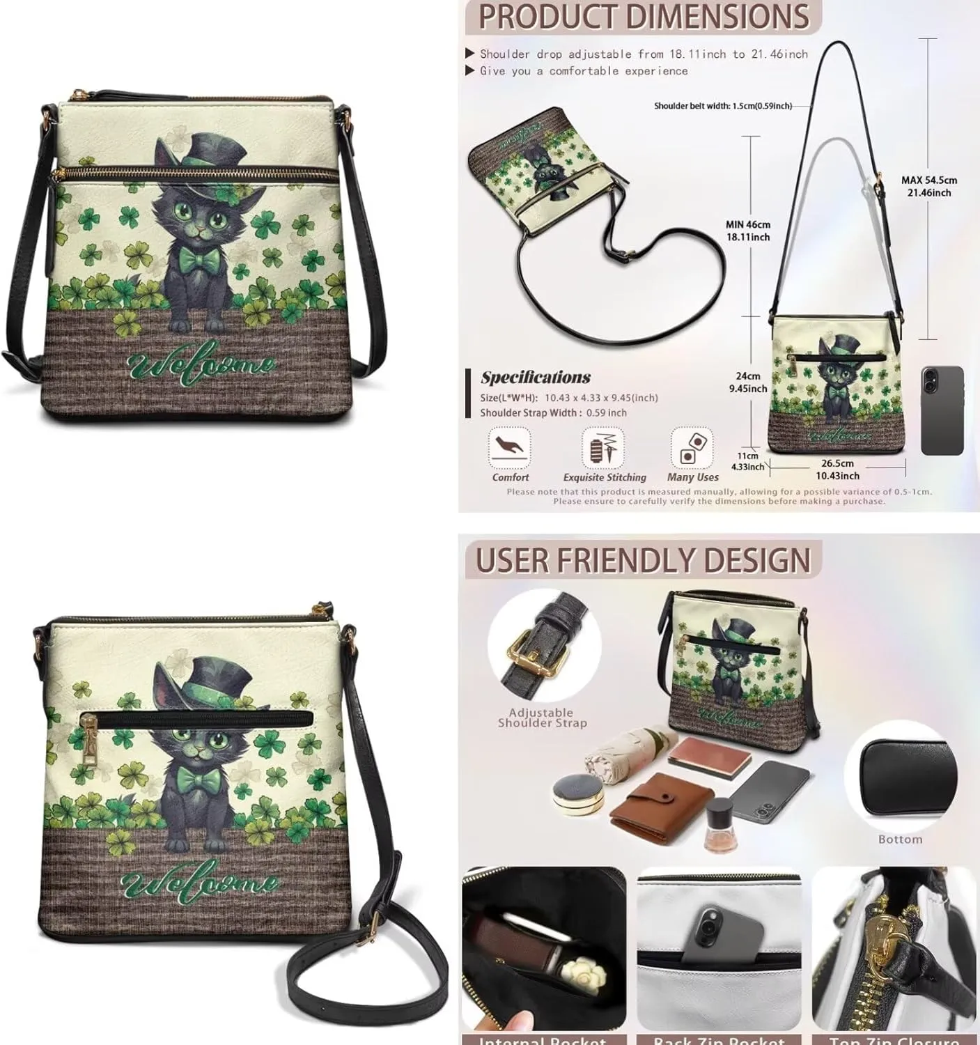 Coldinair St.Patrick's Day PU Leather Hobo Crossbody Bag Purse Ladies Wallet Set Shoulder Bag Hobo Bag Purse