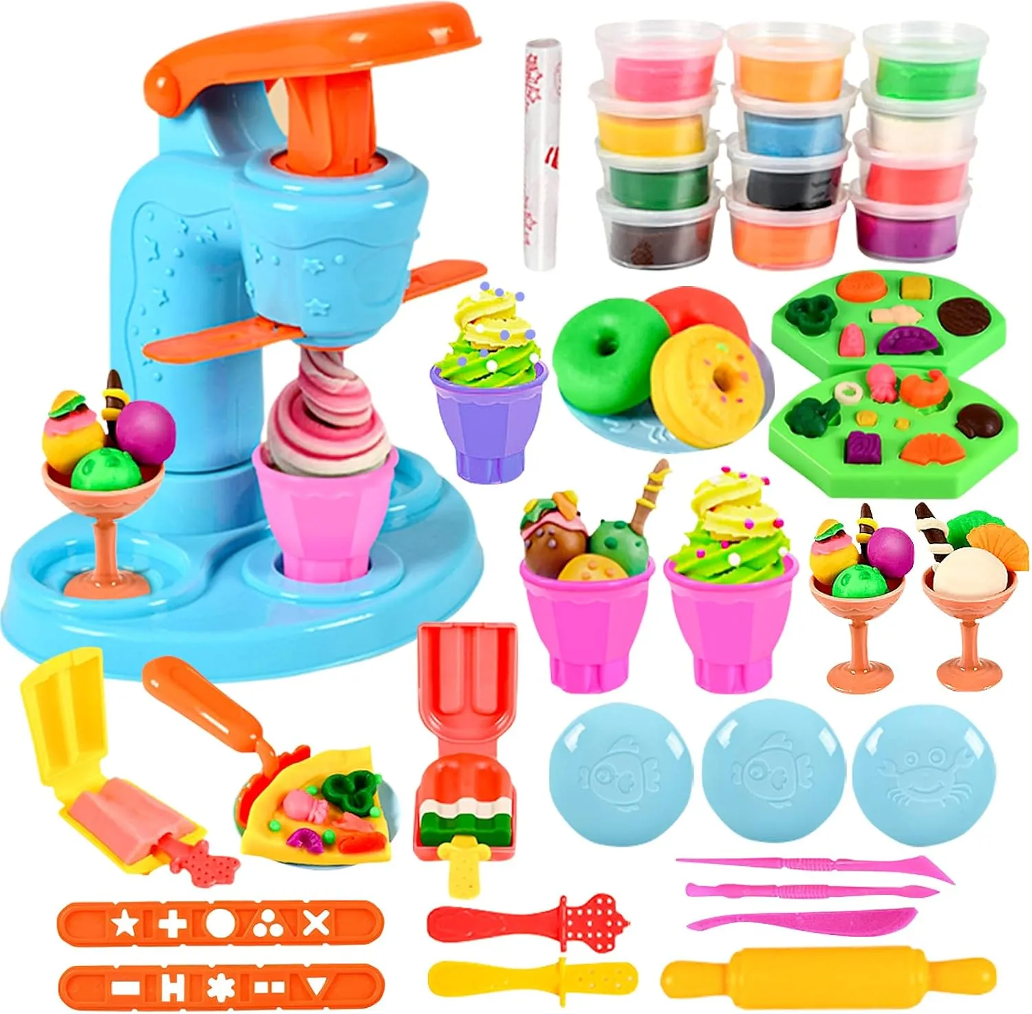 Color Dough Set, 34 PCS Ice Cream Maker Machine Dough Tools, Kitchen Creations Toys Playset for Kids Boys Girls Toddlers Ages 3-8 Birthday (12 Colors Dough Included)