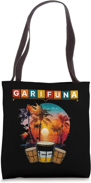 Colorful Garifuna Coastal design with the sunset and drums Tote Bag
