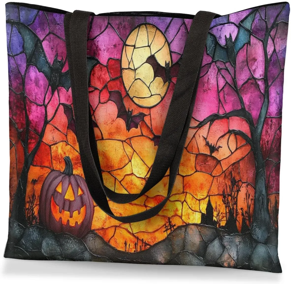 Colorful Ghosts in the Halloween Forest Canvas Tote Bag for Women Men Stylish Tote Handbag Shoulder