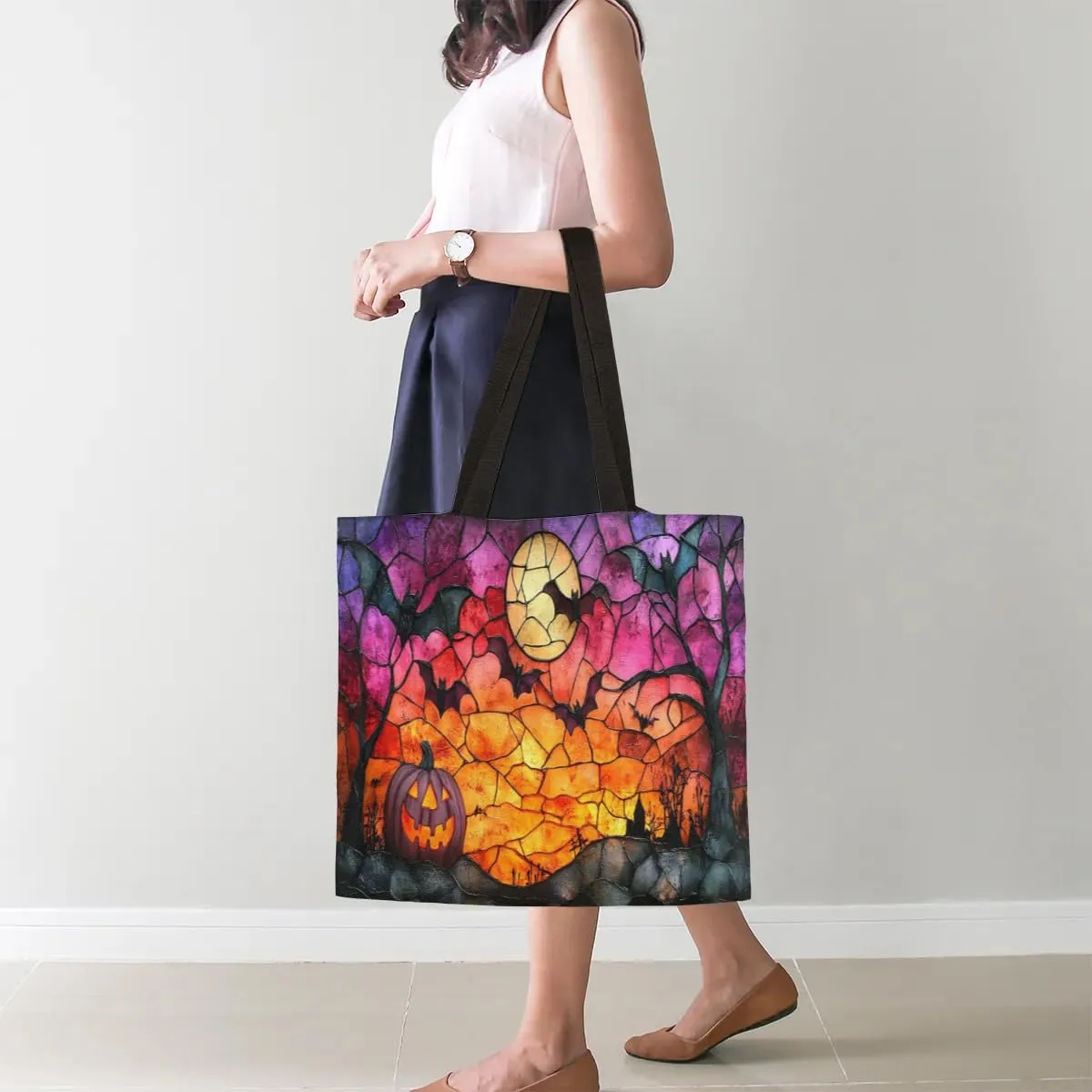 Colorful Ghosts in the Halloween Forest Canvas Tote Bag for Women Men Stylish Tote Handbag Shoulder