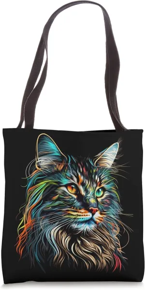 Colorful Maine Coon Cat Face Art Beautiful Cats Black Tote Bag