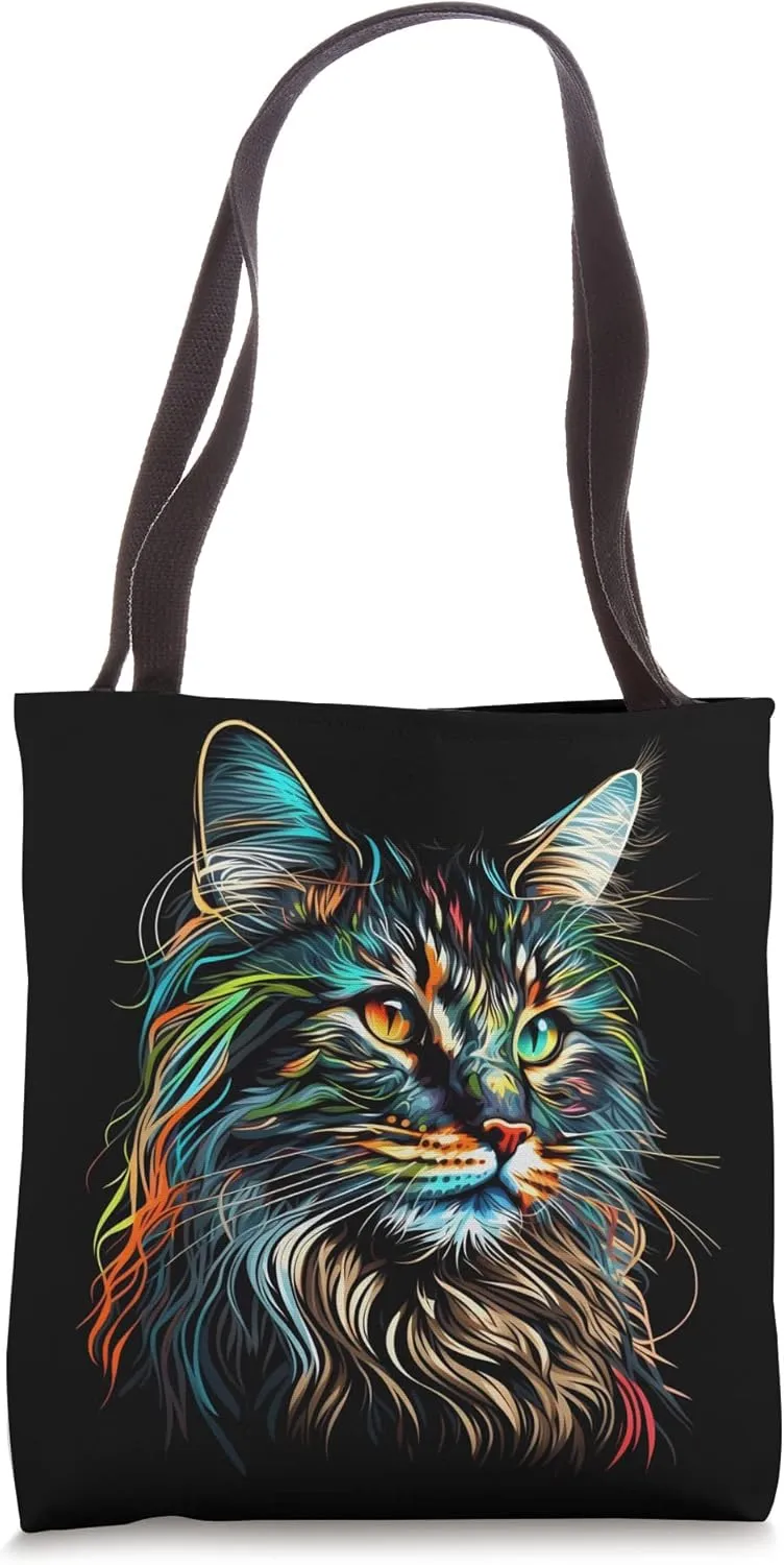 Colorful Maine Coon Cat Face Art Beautiful Cats Black Tote Bag