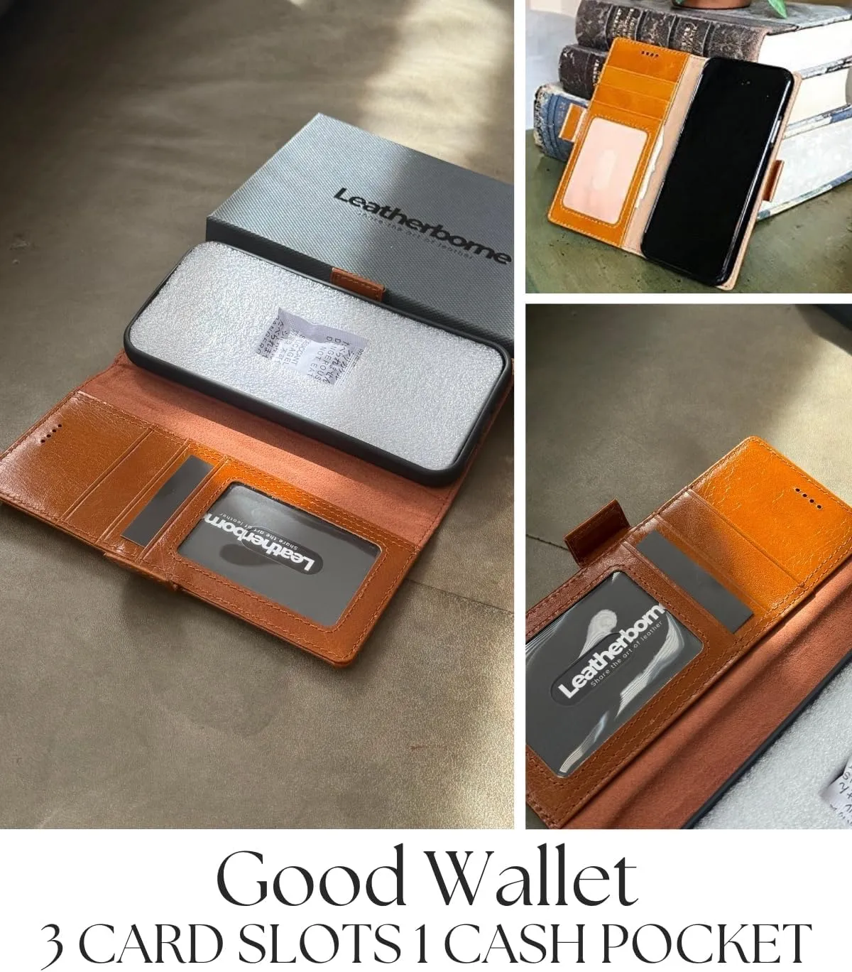 Compatible with iPhone 16 Pro Max Case - [Full Grain Cowhide Leather] [RFID Protection] [3 Cards and 1 Cash Pocket Wallet Cover] [Magnetic Closure] [Build-in Kickstand] - Cognac