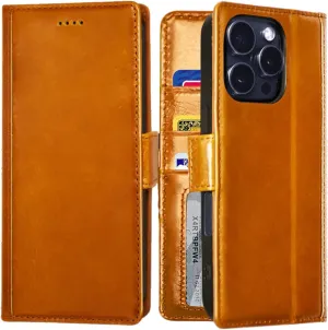 Compatible with iPhone 16 Pro Max Case - [Full Grain Cowhide Leather] [RFID Protection] [3 Cards and 1 Cash Pocket Wallet Cover] [Magnetic Closure] [Build-in Kickstand] - Cognac