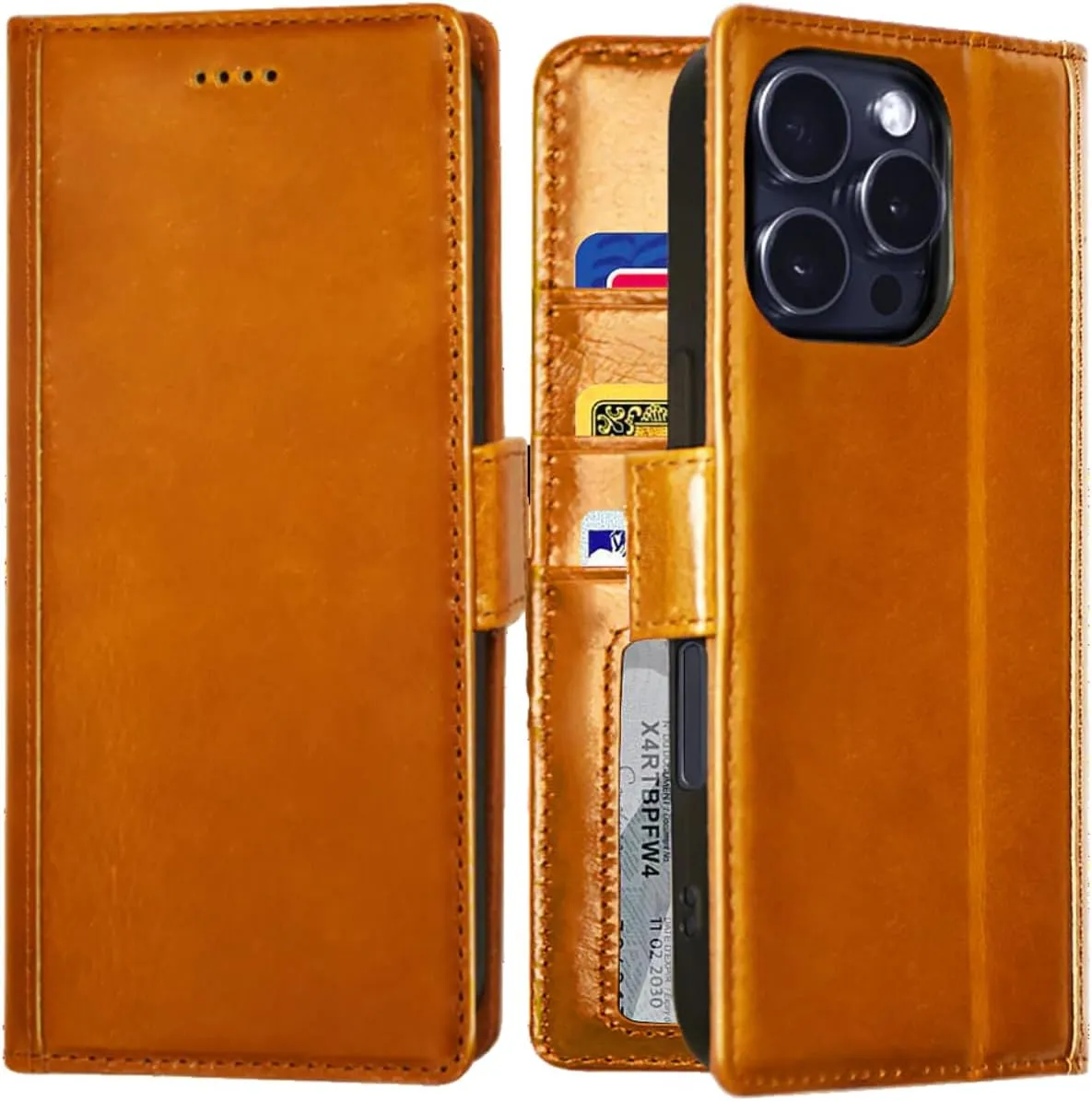Compatible with iPhone 16 Pro Max Case - [Full Grain Cowhide Leather] [RFID Protection] [3 Cards and 1 Cash Pocket Wallet Cover] [Magnetic Closure] [Build-in Kickstand] - Cognac