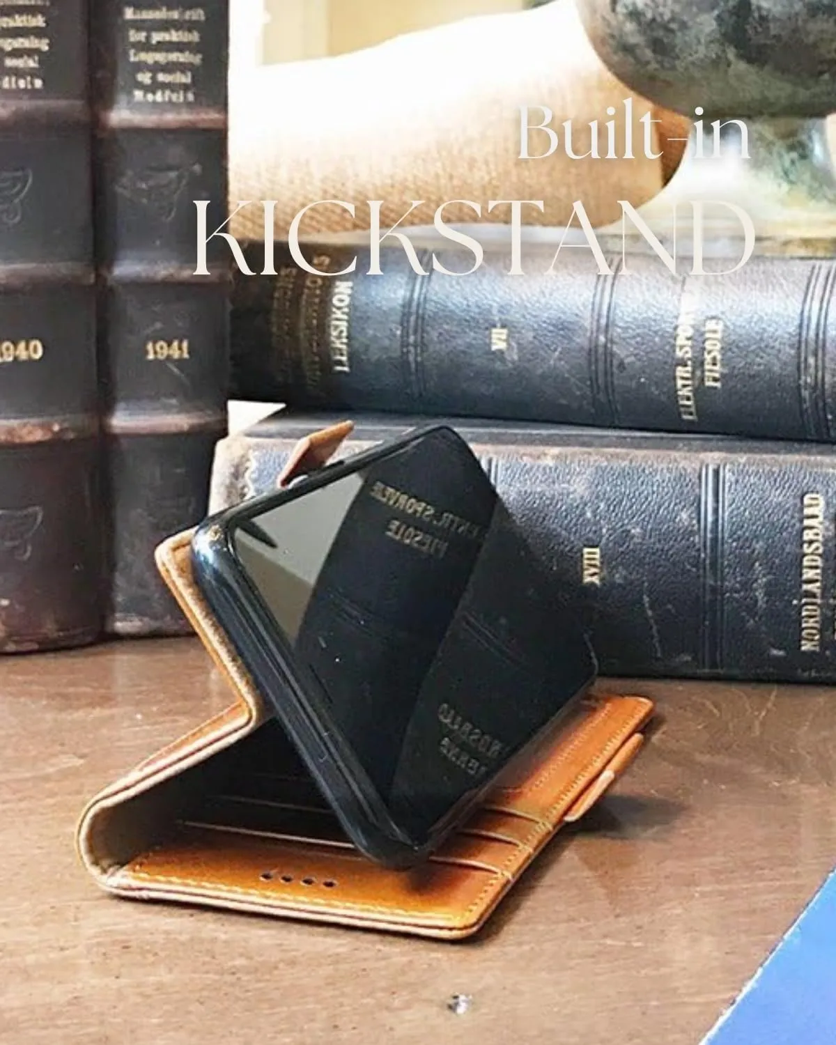Compatible with iPhone 16 Pro Max Case - [Full Grain Cowhide Leather] [RFID Protection] [3 Cards and 1 Cash Pocket Wallet Cover] [Magnetic Closure] [Build-in Kickstand] - Cognac