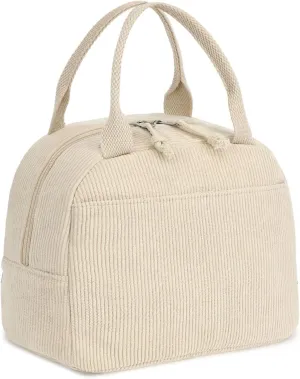Corduroy Lunch Tote Bag, Pure Beige, Insulated Thermal Cooler, Portable and Large Capacity for Office, School, or Picnic, 8.5L
