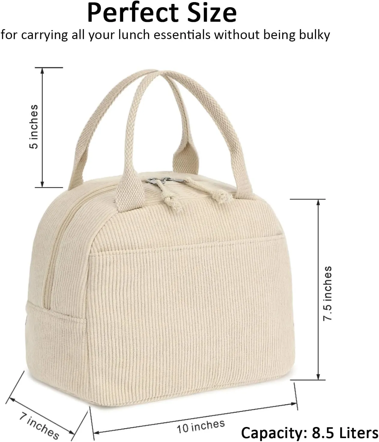 Corduroy Lunch Tote Bag, Pure Beige, Insulated Thermal Cooler, Portable and Large Capacity for Office, School, or Picnic, 8.5L