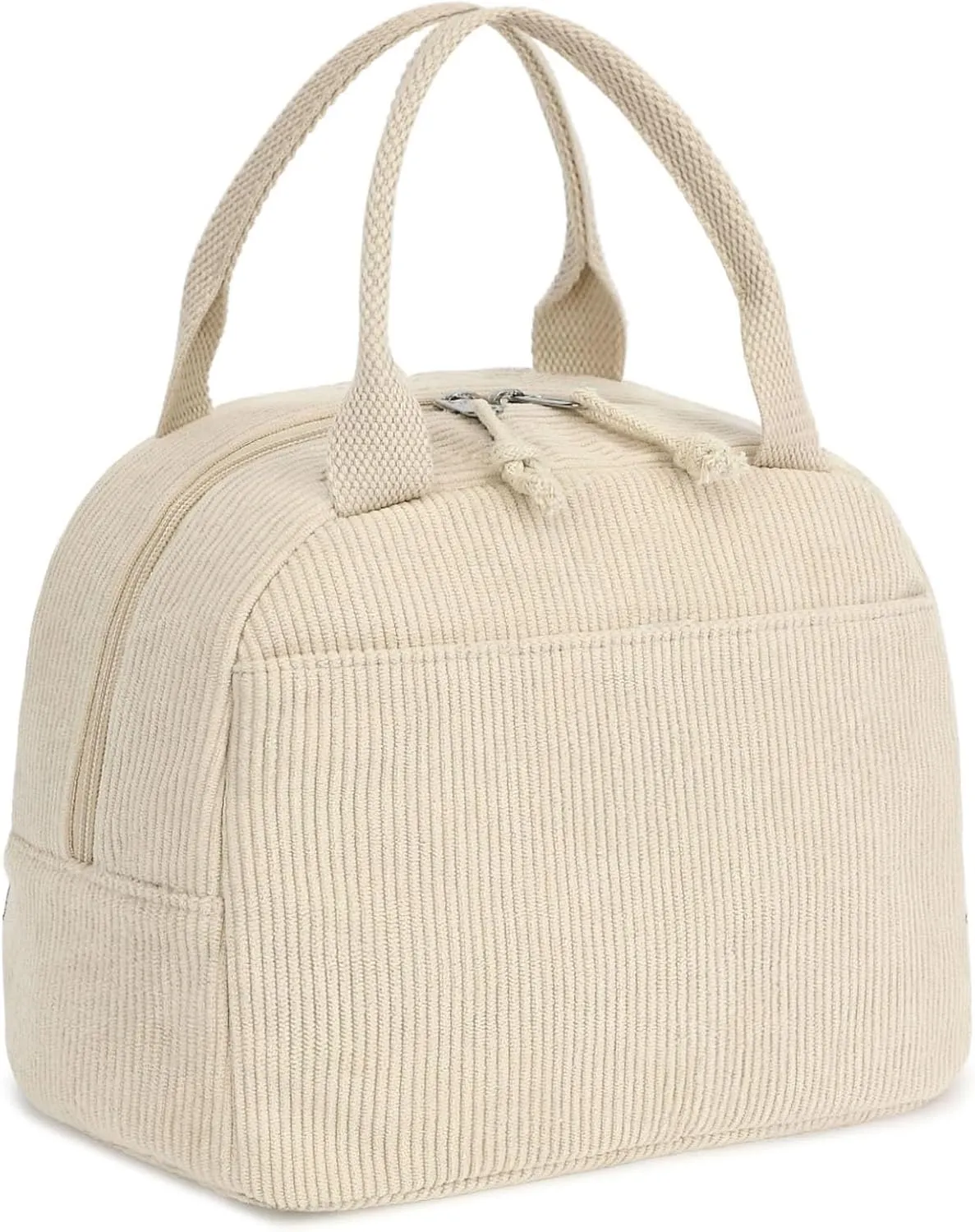 Corduroy Lunch Tote Bag, Pure Beige, Insulated Thermal Cooler, Portable and Large Capacity for Office, School, or Picnic, 8.5L