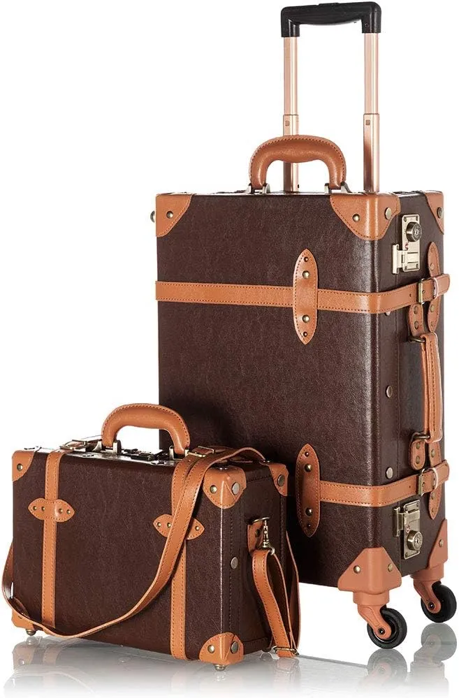 COTRUNKAGE Vintage 2 Piece Luggage Sets TSA Lock Carry On Suitcase for Women with Spinner Wheels, Cocoa Brown