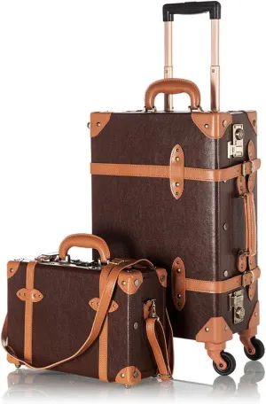 COTRUNKAGE Vintage 2 Piece Luggage Sets TSA Lock Carry On Suitcase for Women with Spinner Wheels, Cocoa Brown