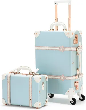 COTRUNKAGE Vintage Designer Luggage Set, Women's Cute Blue Carry On Luggage 22x13x7.5 Airline Approved, 13" Mini Makeup Organizer Case with Lock, Sky Blue
