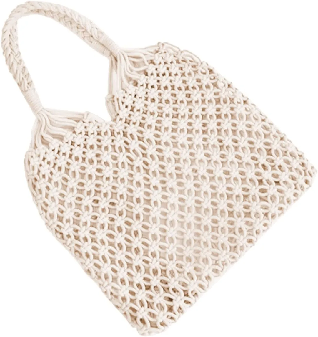 Cotton Thread Woven Beach Bag Packable Tote Handbag for Women Boho Style Summer Casual Lightweight