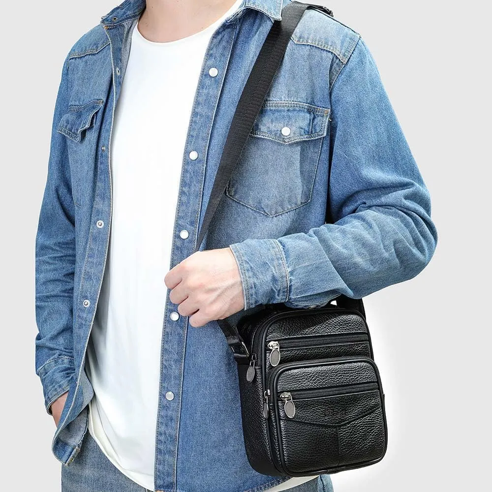 Cowhide Leather Messenger Bag For Men Travel Shoulder Crossbody Bag Waterproof Casual Sling Business Handbag