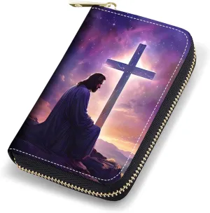 Credit Card Holder Wallets for Women, RFID Blocking Small Leather Card Case Wallet with Zipper Accordion Wallets, Christian Jesus Cross