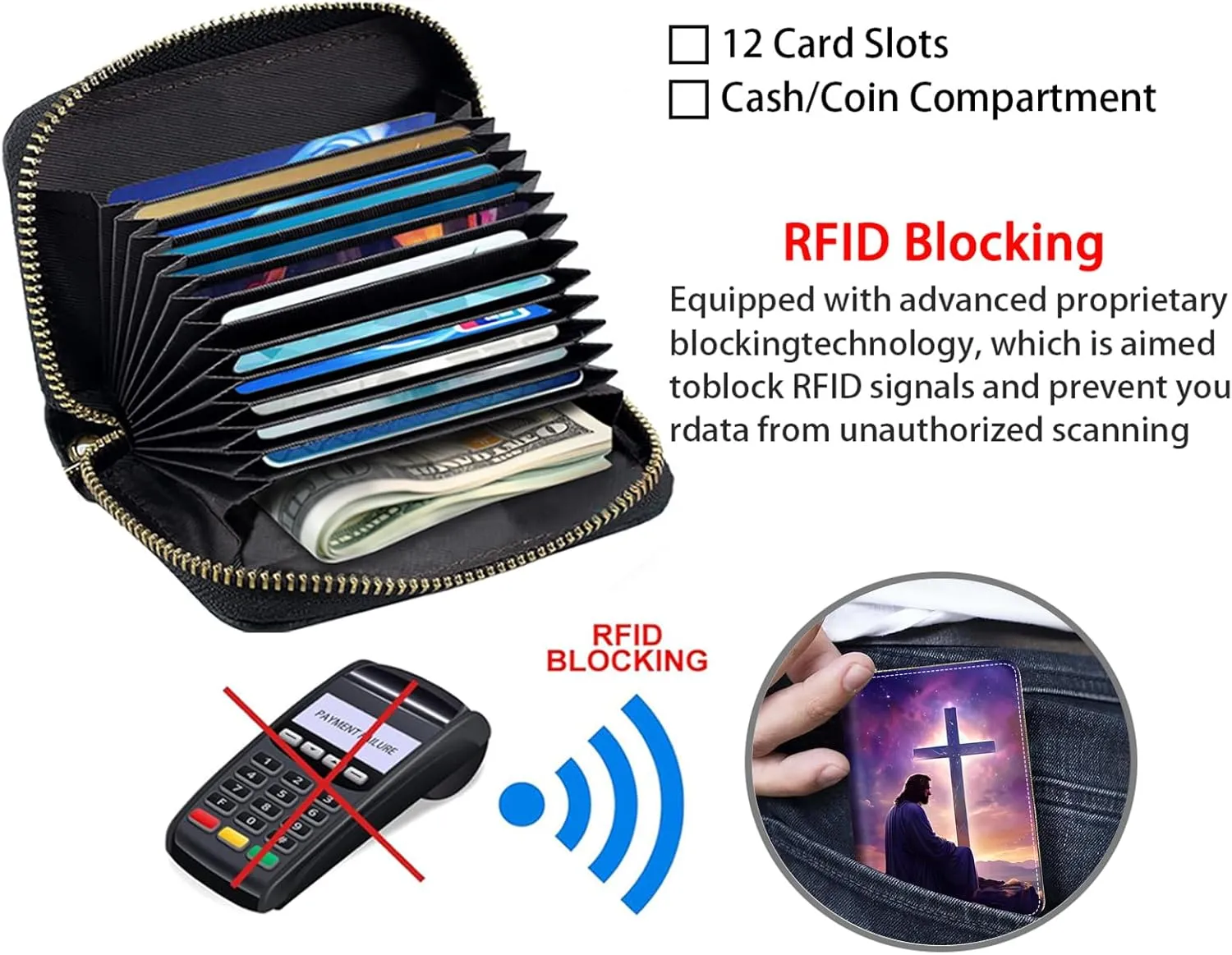 Credit Card Holder Wallets for Women, RFID Blocking Small Leather Card Case Wallet with Zipper Accordion Wallets, Christian Jesus Cross