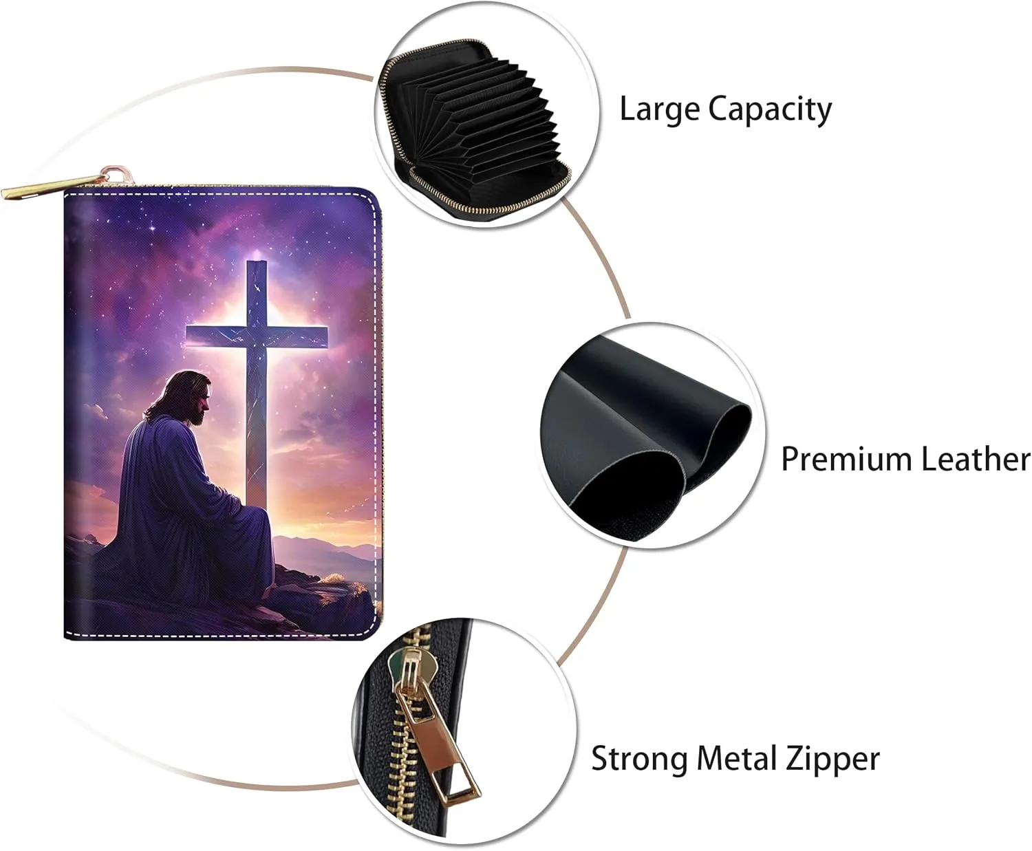 Credit Card Holder Wallets for Women, RFID Blocking Small Leather Card Case Wallet with Zipper Accordion Wallets, Christian Jesus Cross