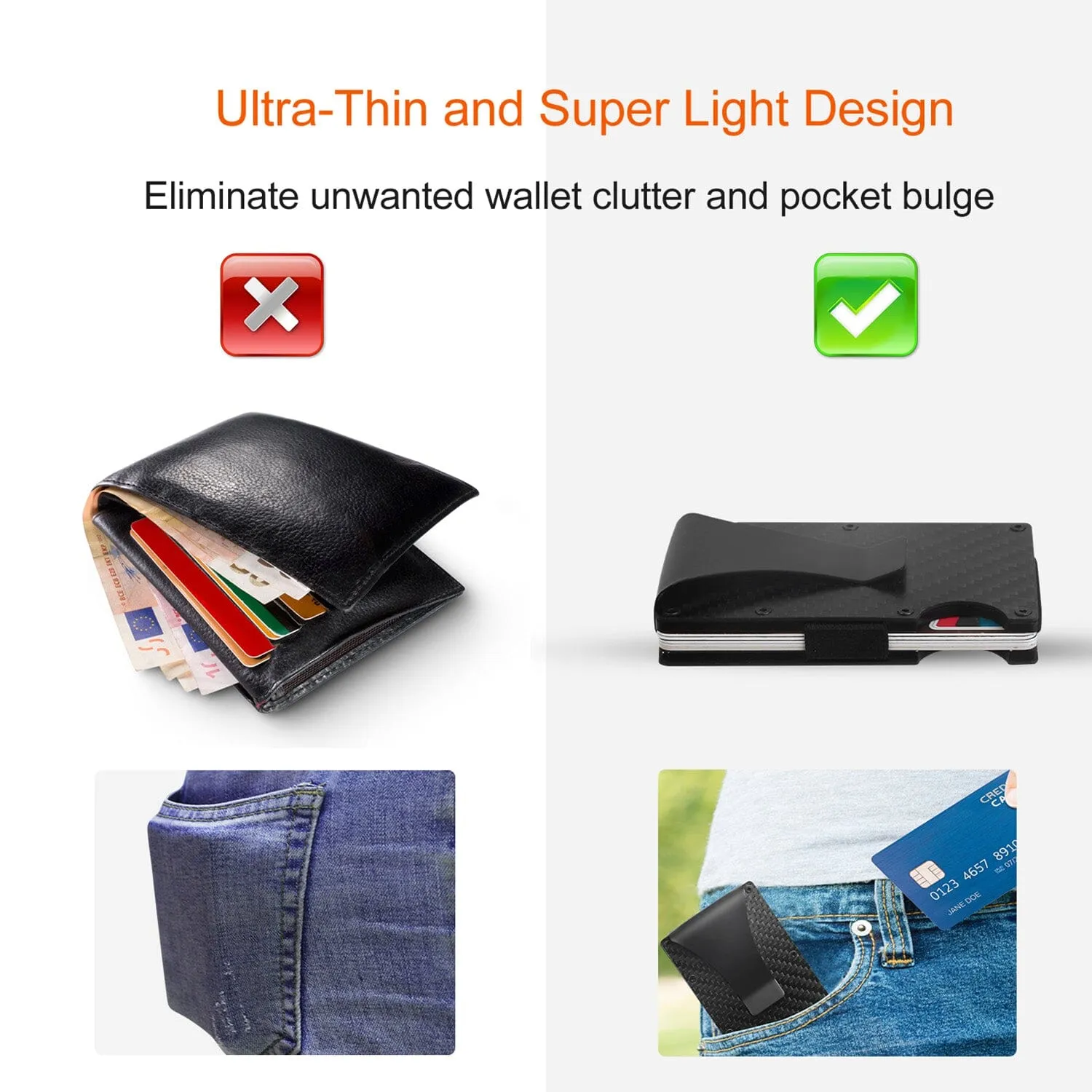 Credit Card Holder with Cash Clip Carbon Fiber RFID Blocking Scan for Men