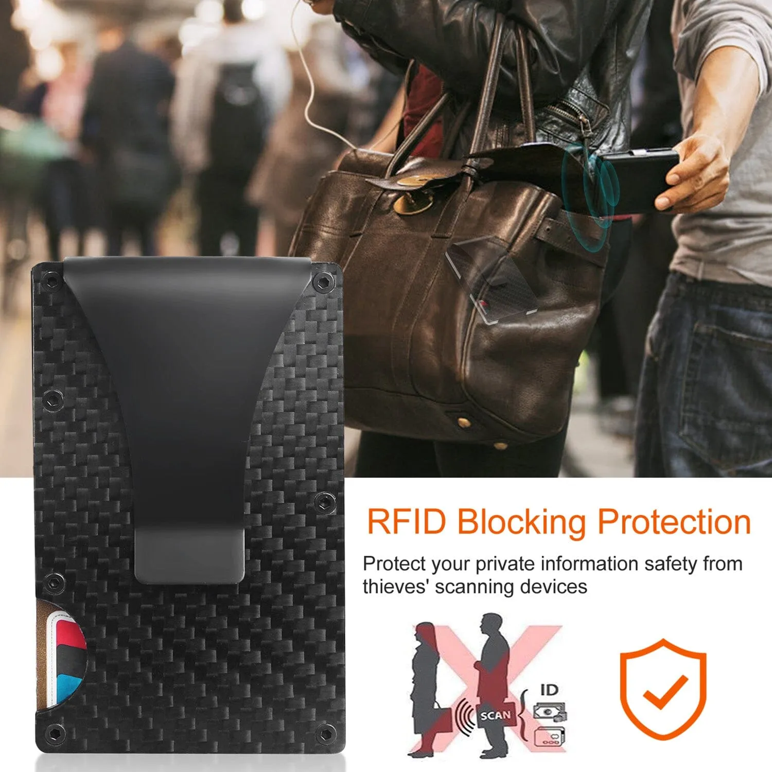 Credit Card Holder with Cash Clip Carbon Fiber RFID Blocking Scan for Men