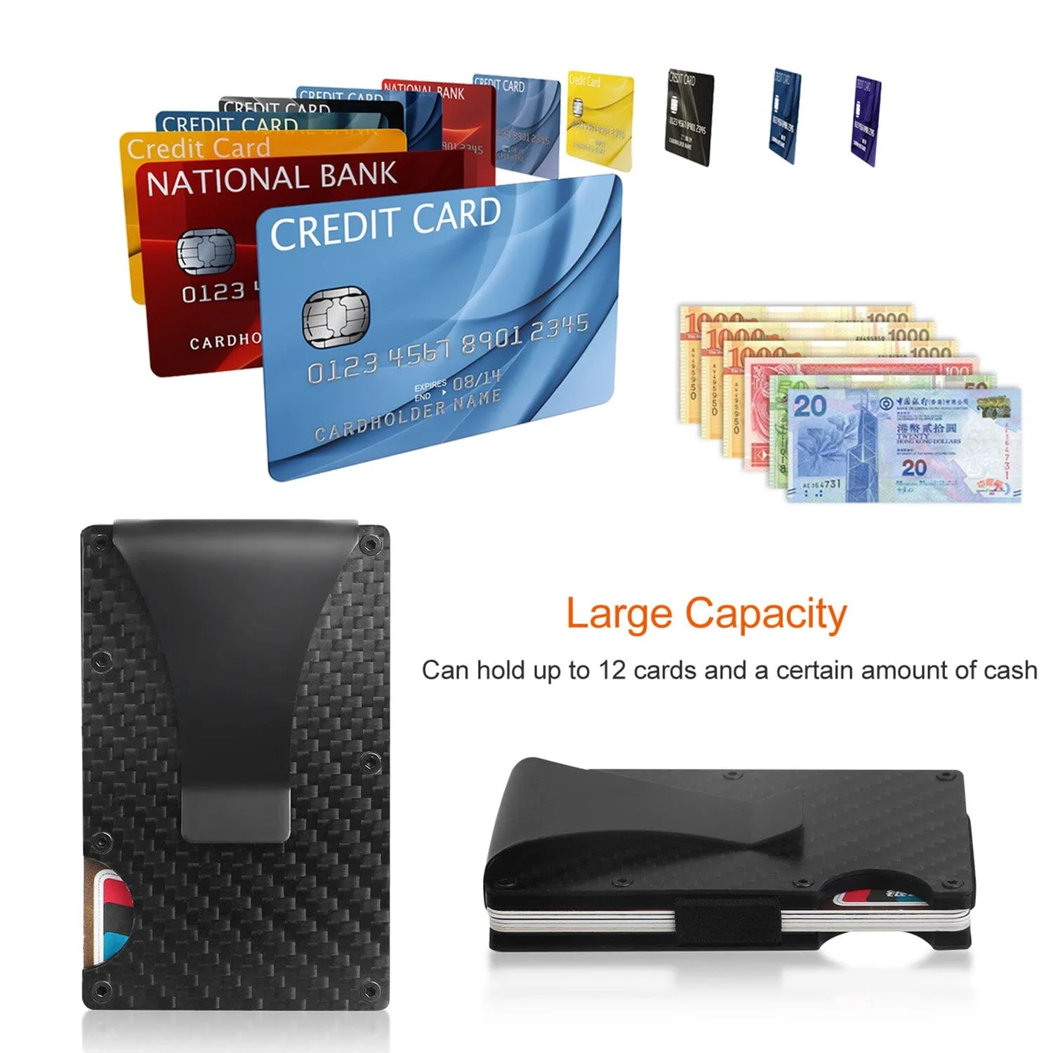 Credit Card Holder with Cash Clip Carbon Fiber RFID Blocking Scan for Men