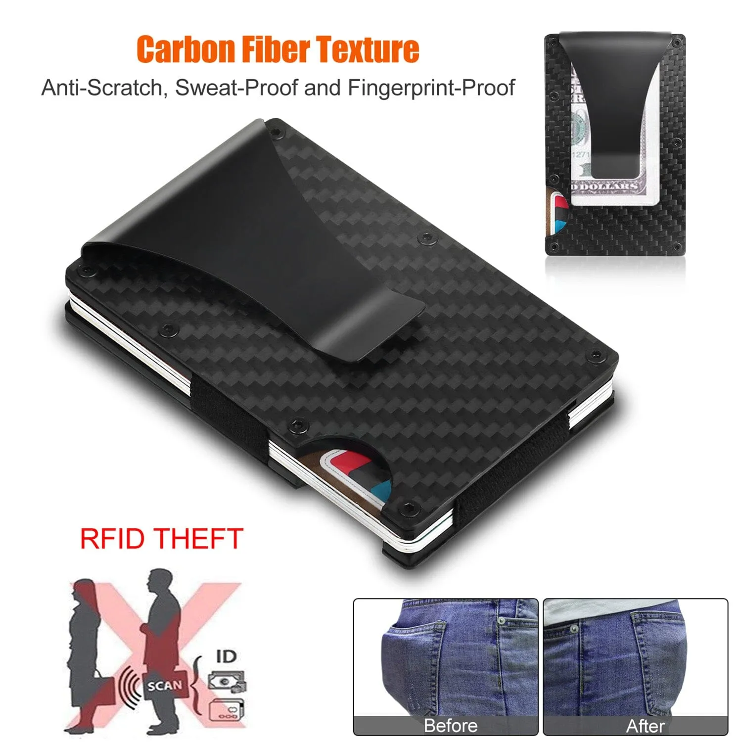Credit Card Holder with Cash Clip Carbon Fiber RFID Blocking Scan for Men