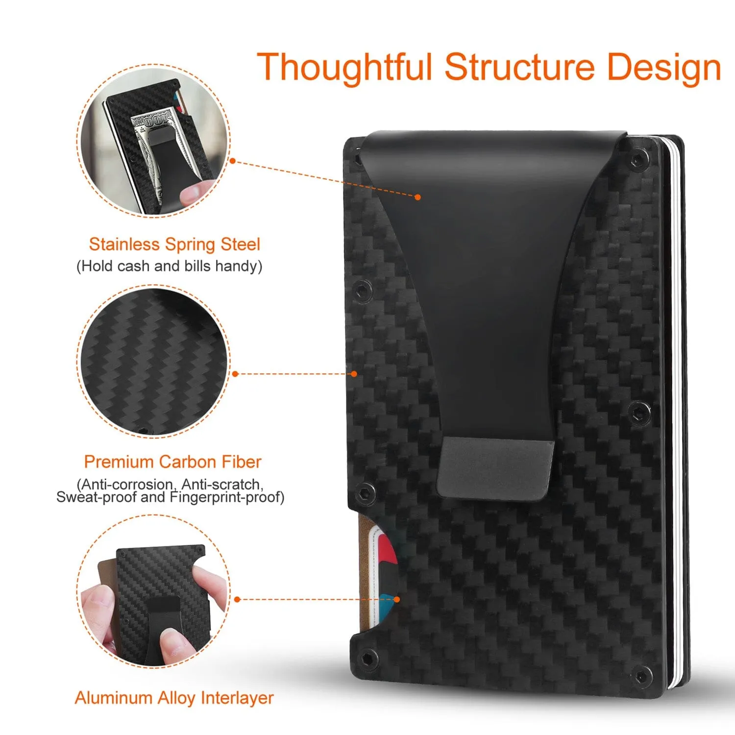 Credit Card Holder with Cash Clip Carbon Fiber RFID Blocking Scan for Men