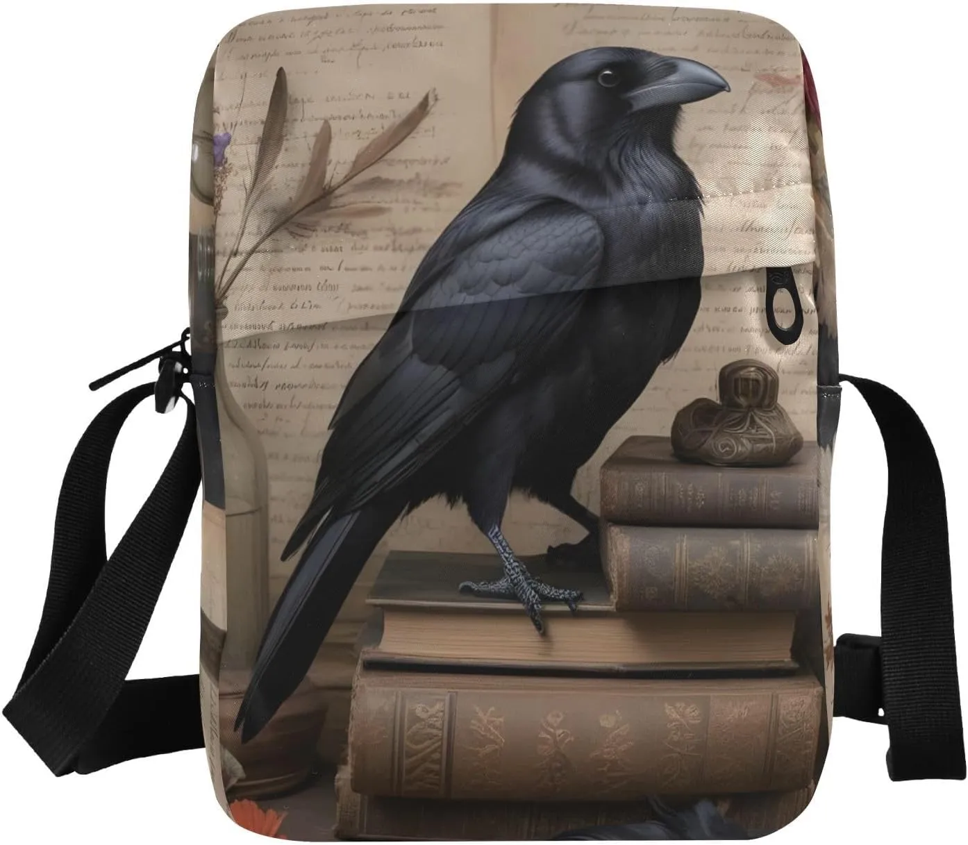Crossbody Bag Purse Gothic Crow Book Print for Women Men, Shoulder Pouch with Adjustable Strap 6.6×2.5×9.4 IN