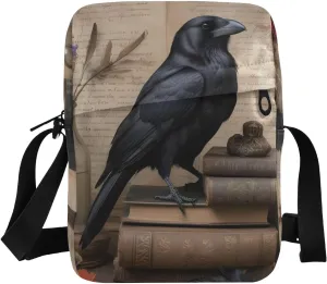 Crossbody Bag Purse Gothic Crow Book Print for Women Men, Shoulder Pouch with Adjustable Strap 6.6×2.5×9.4 IN