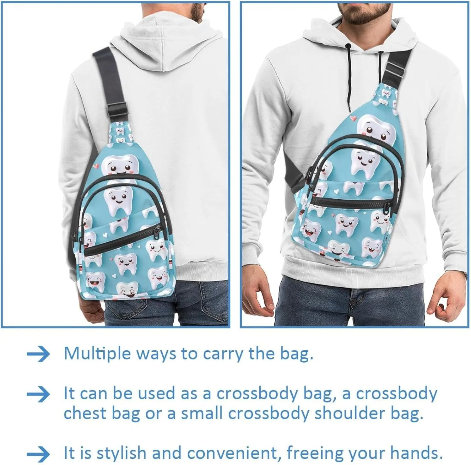 Crossbody Bags for Women Men Cute Teeth Isolated on Blue Background Sling Bag Bakpack Casual Chest Bag with Convertible Shoulder Strap