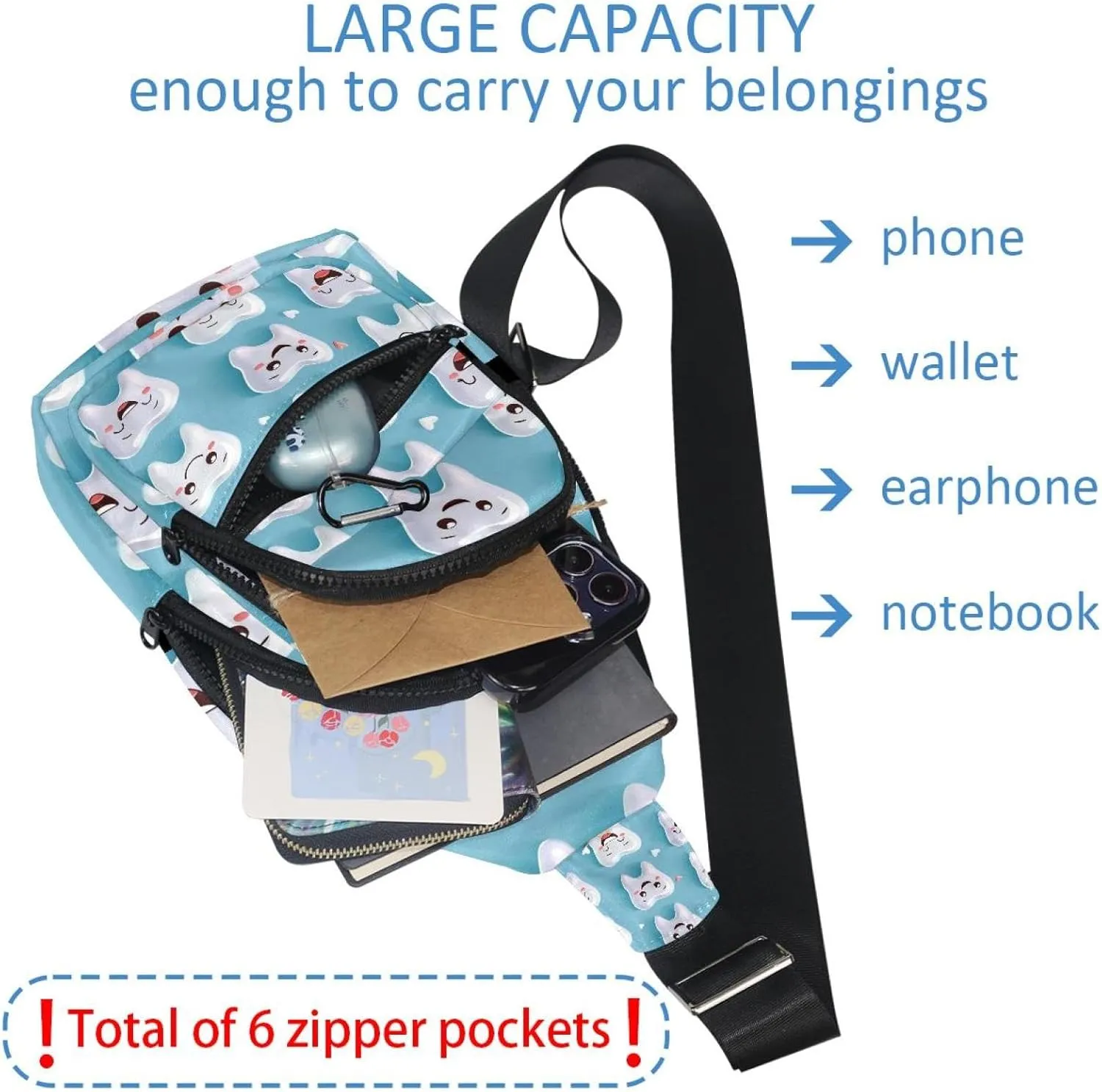 Crossbody Bags for Women Men Cute Teeth Isolated on Blue Background Sling Bag Bakpack Casual Chest Bag with Convertible Shoulder Strap
