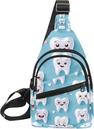 Crossbody Bags for Women Men Cute Teeth Isolated on Blue Background Sling Bag Bakpack Casual Chest Bag with Convertible Shoulder Strap